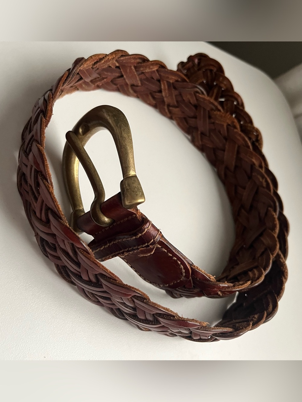 DKNY Braided Brown Leather Belt with Brass-Tone Buckle